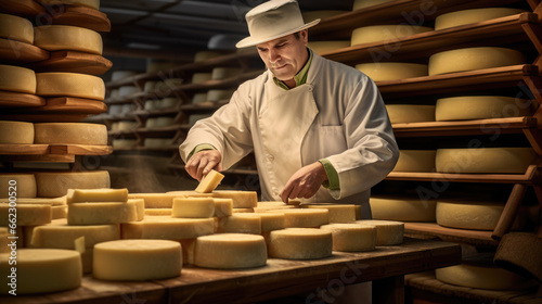 Cheesemaker is controlling the seasoning lots of wheels of parmesan cheese are maturing by ancient Italian tradition for many months on shelves of a storehouse in a cheese factory.
