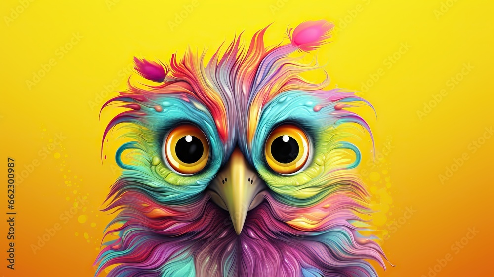  a colorful bird with big eyes and a long beak, with a yellow background.  generative ai