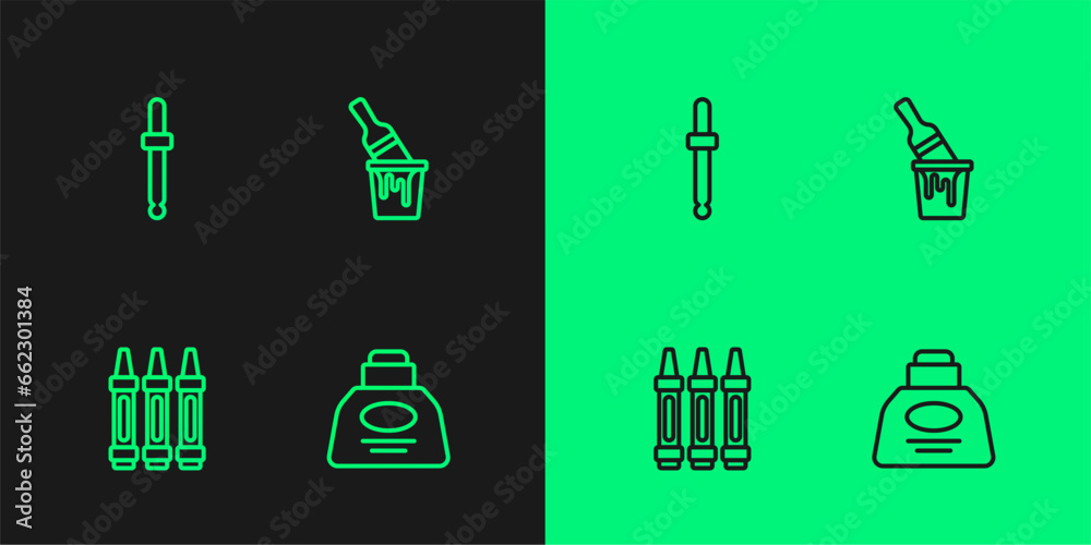 Set line Inkwell, Wax crayons for drawing, Eyedropper color picker palette and Paint bucket with brush icon. Vector Set line Inkwell, Wax crayons for drawing, Eyedropper color picker palette and Paint bucket with brush icon. Vector