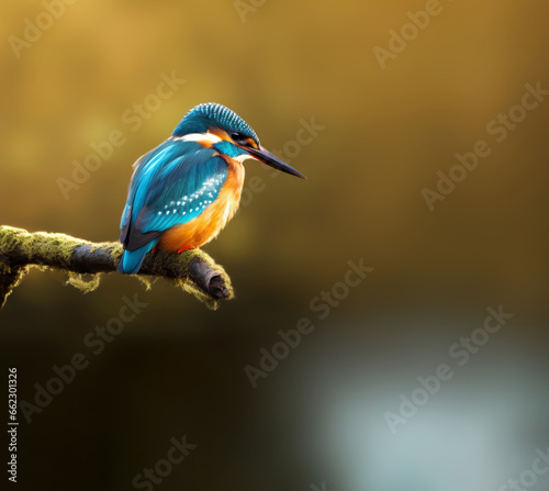 Close up of a common kingfisher perched on a mossy tree branch