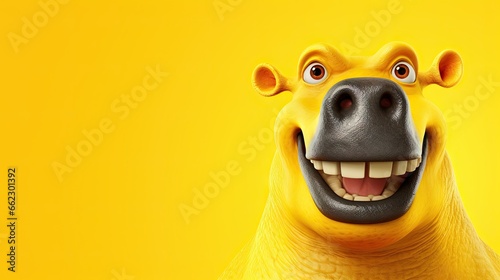  a yellow dinosaur with a big smile on its face and mouth.  generative ai photo