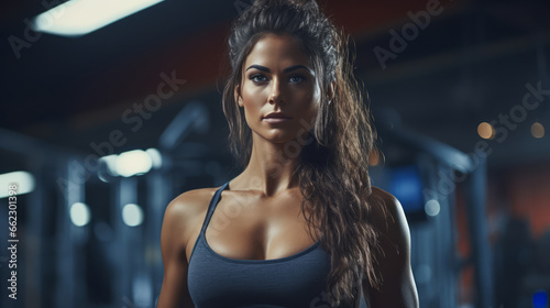  Beautiful fitness brunette woman in sportswear standing and looking at camera.