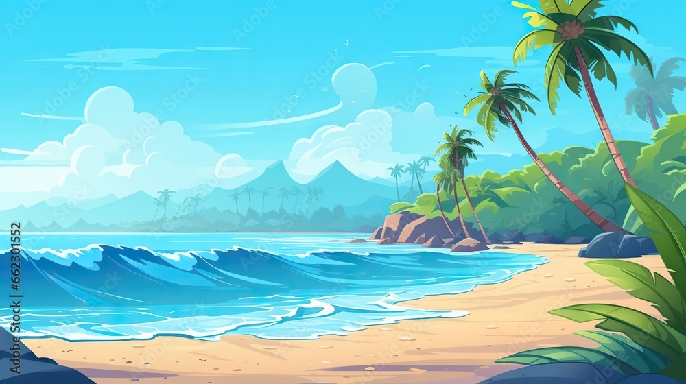  a cartoon beach with palm trees and a blue ocean in the background.  generative ai