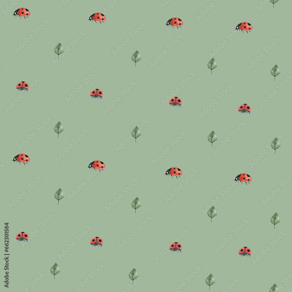 Ladybug leaf Seamless Pattern | Minimalistischer Marienkäfer Beetle Bug Kinder Stoffdesign