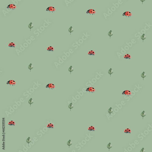 Ladybug leaf Seamless Pattern | Minimalistischer Marienkäfer Beetle Bug Kinder Stoffdesign