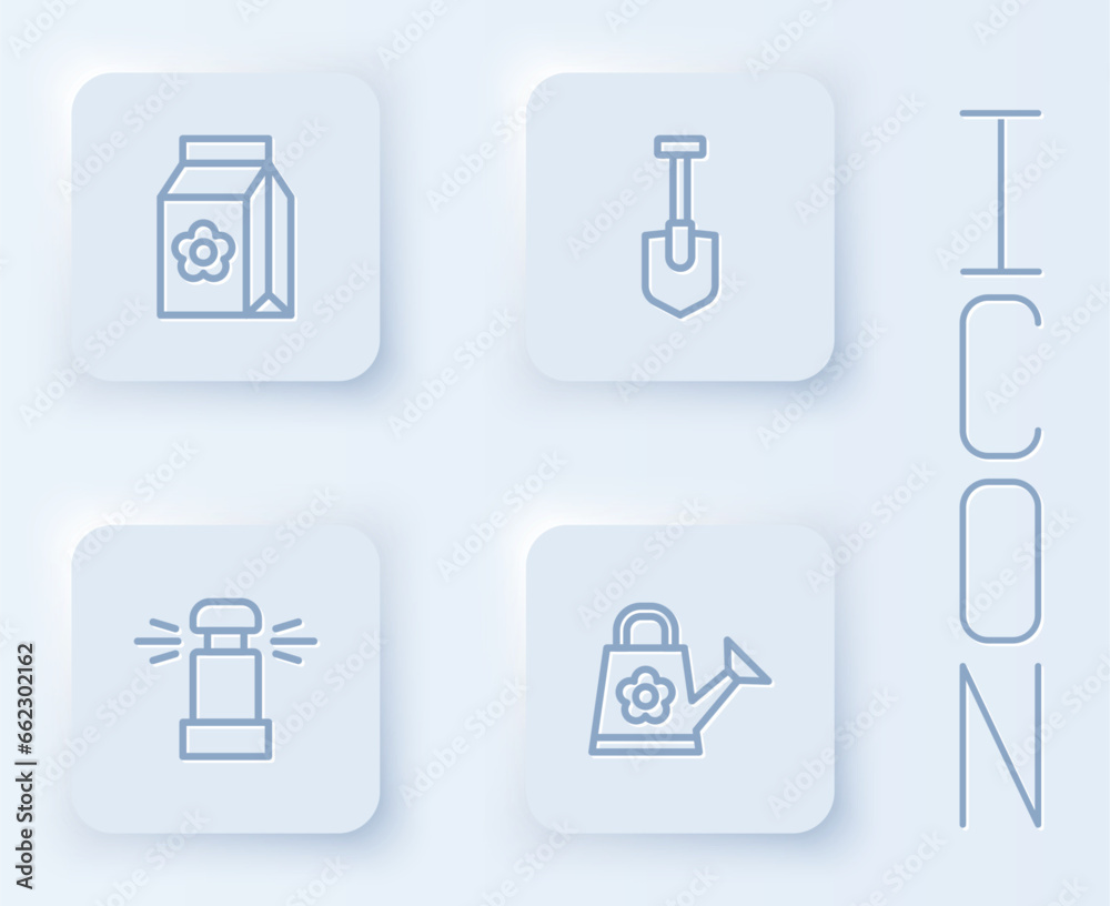 Set line Pack full of seeds, Shovel, Automatic irrigation sprinklers and Watering can. White square button. Vector Set line Pack full of seeds, Shovel, Automatic irrigation sprinklers and Watering can. White square button. Vector