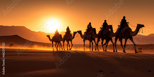 Silhouette of a caravan of camels in the desert