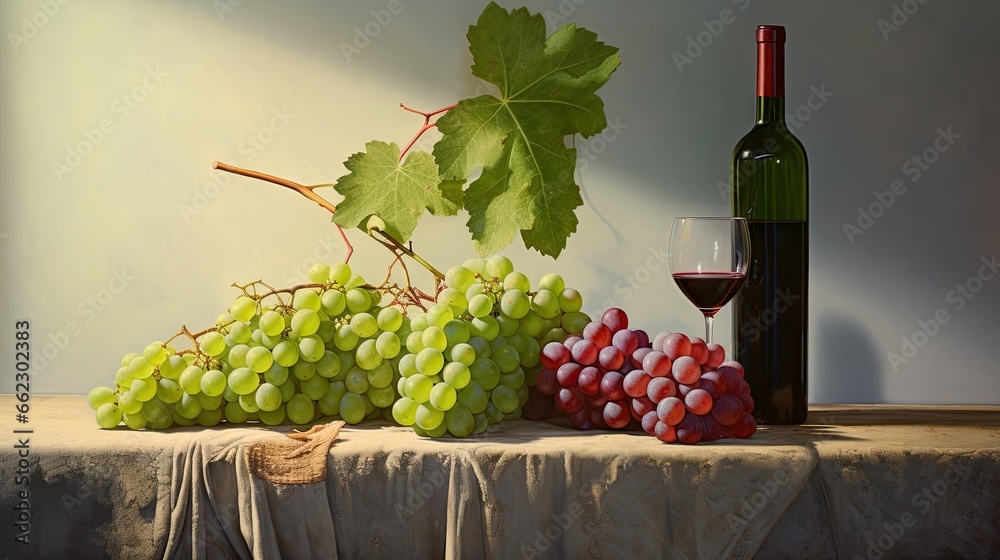  a painting of grapes and a bottle of wine on a table.  generative ai