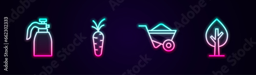 Set line Garden sprayer for water, Carrot, Wheelbarrow and Tree. Glowing neon icon. Vector