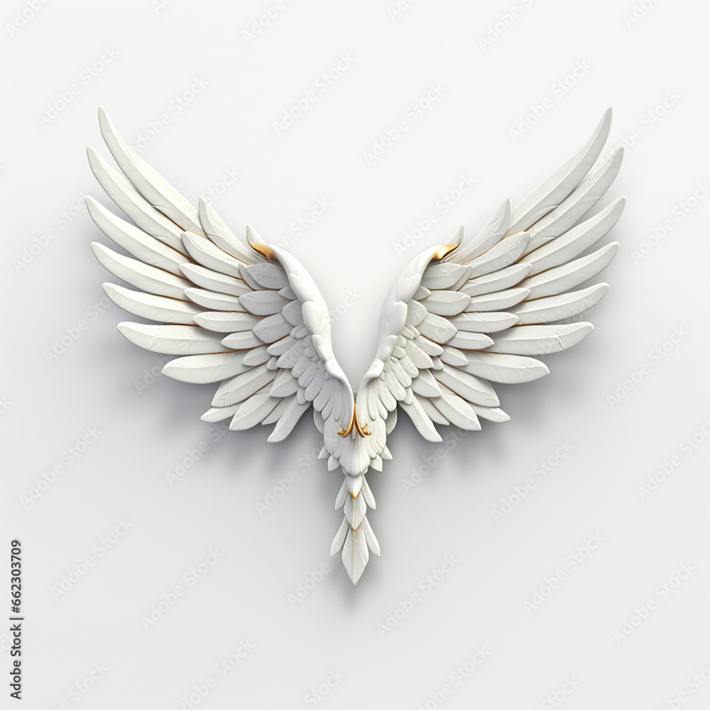 Obraz premium A 3D rendering of angelic white wings against a plain white backdrop. This resource can be used for elements such as objects, text, or 3D character cartoon figures. Generative AI.