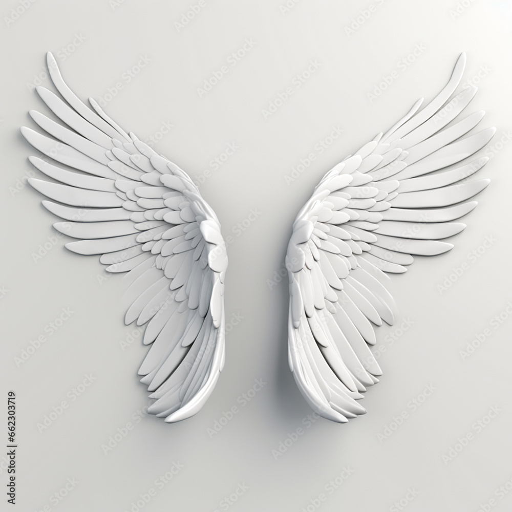 Obraz premium A 3D rendering of angelic white wings against a plain white backdrop. This resource can be used for elements such as objects, text, or 3D character cartoon figures. Generative AI.
