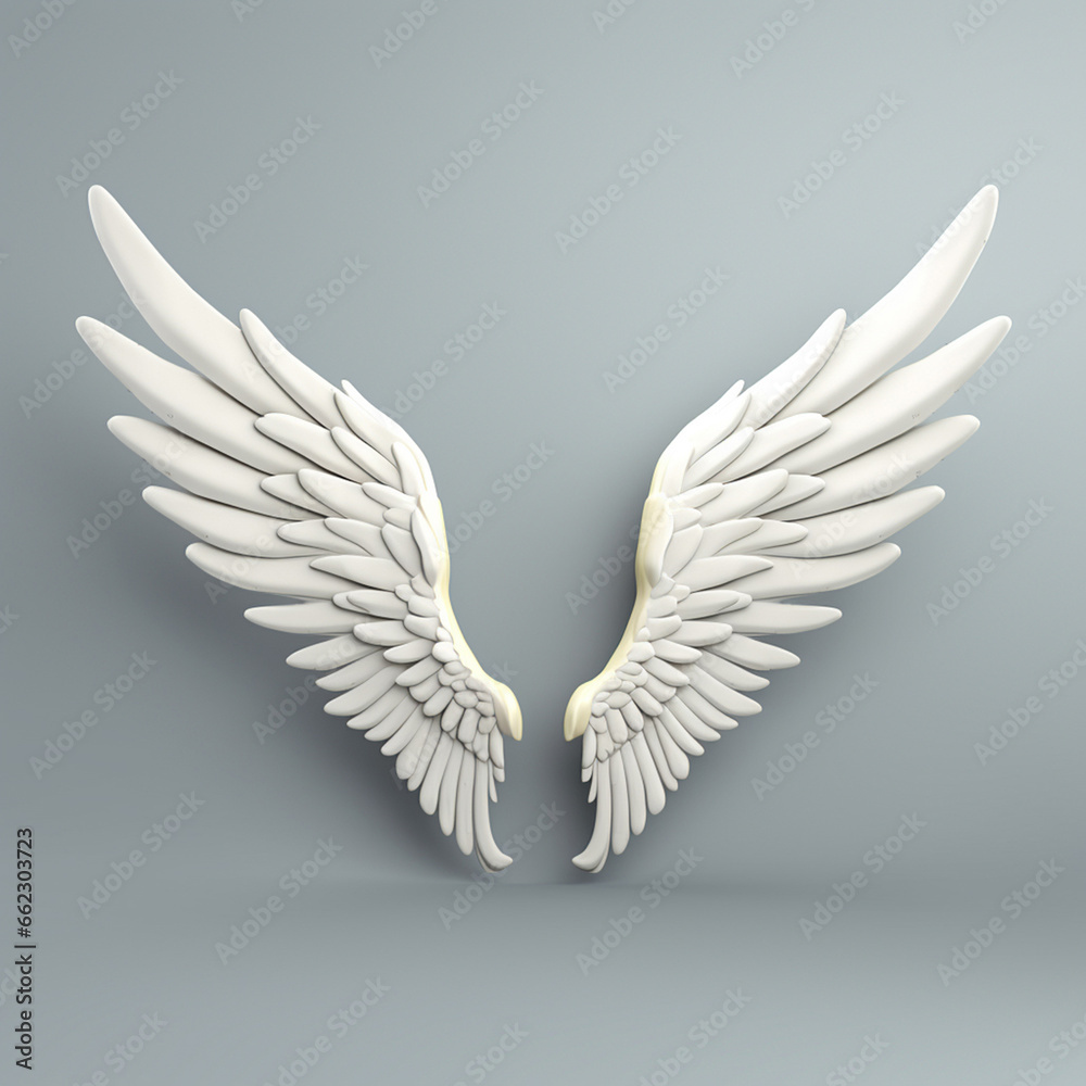 Obraz premium A 3D rendering of angelic white wings against a plain white backdrop. This resource can be used for elements such as objects, text, or 3D character cartoon figures. Generative AI.
