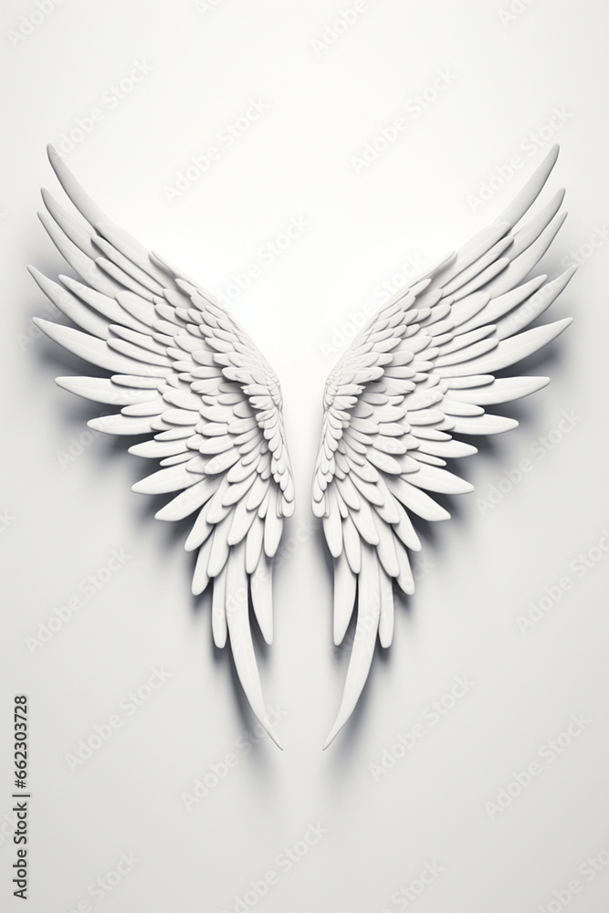 Obraz premium A 3D rendering of angelic white wings against a plain white backdrop. This resource can be used for elements such as objects, text, or 3D character cartoon figures. Generative AI.