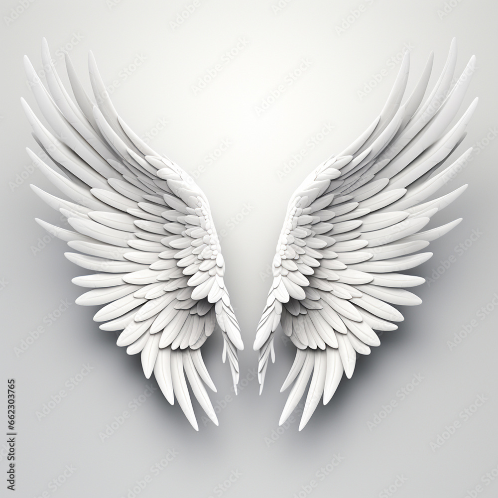 A 3D rendering of angelic white wings against a plain white backdrop. This resource can be used for elements such as objects, text, or 3D character cartoon figures. Generative AI. A 3D rendering of angelic white wings against a plain white backdrop. This resource can be used for elements such as objects, text, or 3D character cartoon figures. Generative AI.