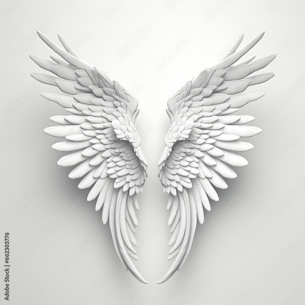 Obraz premium A 3D rendering of angelic white wings against a plain white backdrop. This resource can be used for elements such as objects, text, or 3D character cartoon figures. Generative AI.