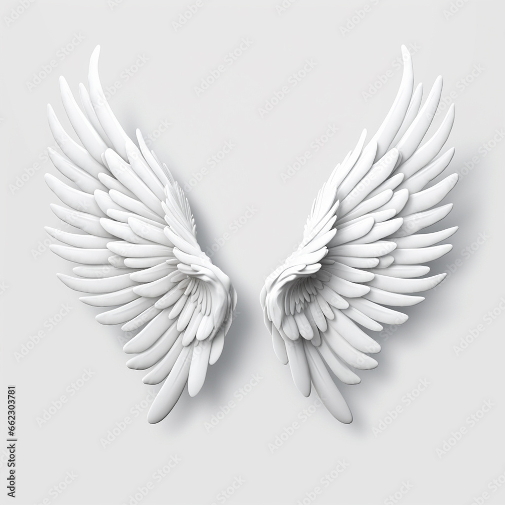 Obraz premium A 3D rendering of angelic white wings against a plain white backdrop. This resource can be used for elements such as objects, text, or 3D character cartoon figures. Generative AI.