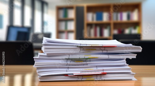 Stack of documents on the office desk.