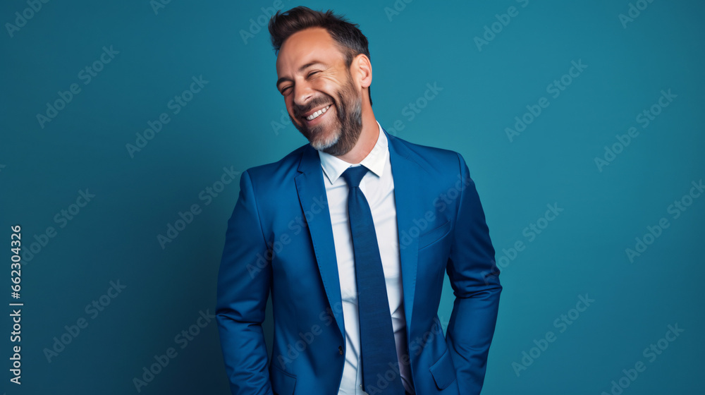 40 years old happy handsome man, smiling and laughing, wearing suit. Bright solid blue background - obrazy, fototapety, plakaty 