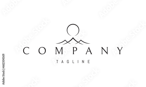 A vector logo with an abstract image of the sun rising over the mountains.