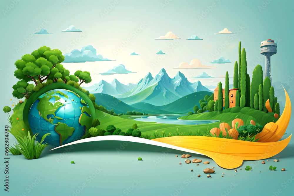 World Environment Day. Nature and landscape background, Poster, banner, watercolor art