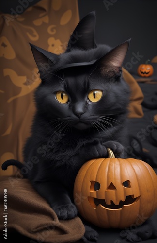 halloween black cat with pumpkin © Jayalathge