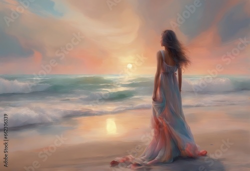 beautiful young woman on beach at sunset beautiful young woman on beach at sunset woman in a dress on a beach at sunset