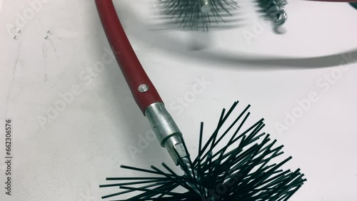 Tools for cleaning fireplaces, pipes and firing systems for private cottages. Brushes and cables with adapters for professional pipe cleaners. High quality 4k footage