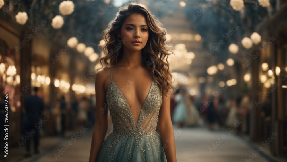 AI-Generated Image of a Woman in a Blue Dress at a Fashion Show