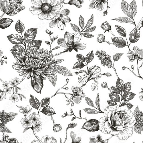 Abstract modern floral seamless pattern with hand drawn flower in Toile de jouy style. Retro elegance repeat print. Vintage design for fabric, wallpaper or wrapping photo