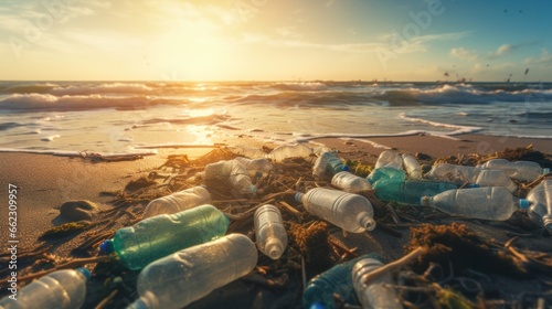 Save water.trash garbage at the beach and plastic bottles are difficult decompose prevent harm aquatic life. Earth, Environment, Greening planet, reduce global warming, Save world