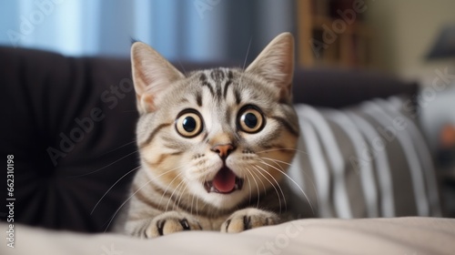 surprised cat make big eyes. American shorthair surprised cat or kitten funny face big eyes, cute, domestic, kitten, feline, Emotional surprised, kitty, wow. © pinkrabbit