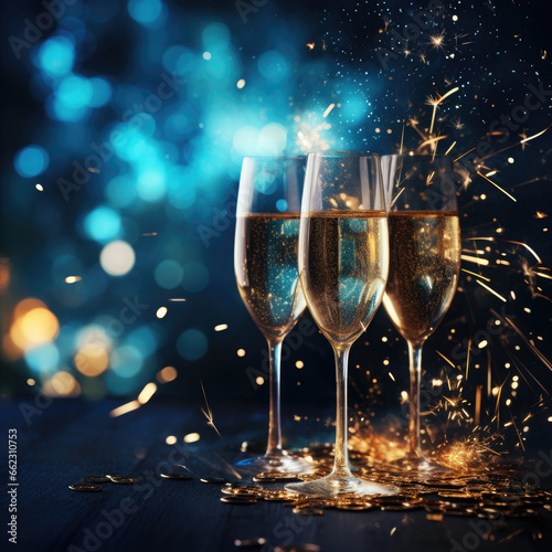 Happy New Year background with champagne and brilliant fireworks in the night sky, luxurious and attractive dark blue and golden tones.