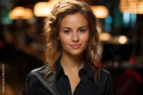 A woman in a black shirt posing for a picture. AI image. Hotel receptionist.
