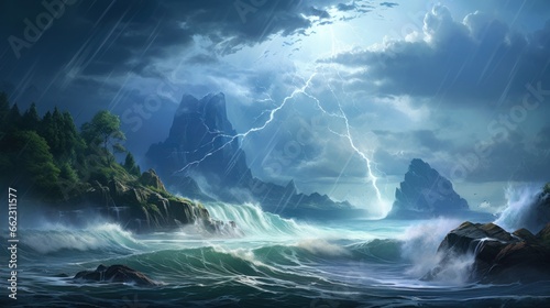 Tropical island during a fierce storm, with crashing waves, torrential rain, and the forces of nature at their most powerful game art