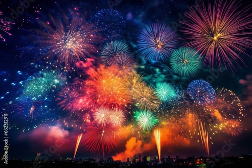 Fireworks lit up with beautiful colors, Colorful fireworks abstract background for celebration happy new year, merry christmas and 4th of july. 