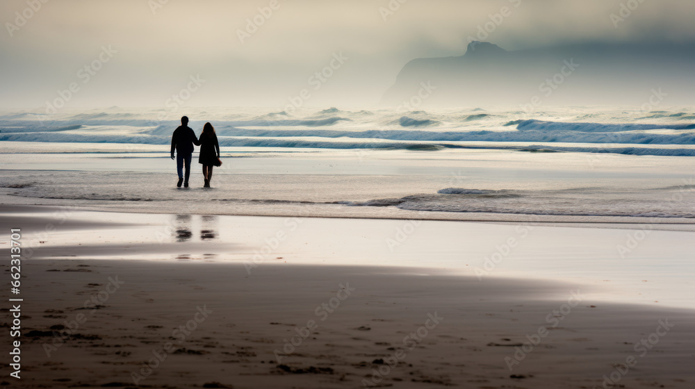 silhouette d'un couple qui marche sur le sable d'une plage desserte sous un ciel d'orage silhouette d'un couple qui marche sur le sable d'une plage desserte sous un ciel d'orage