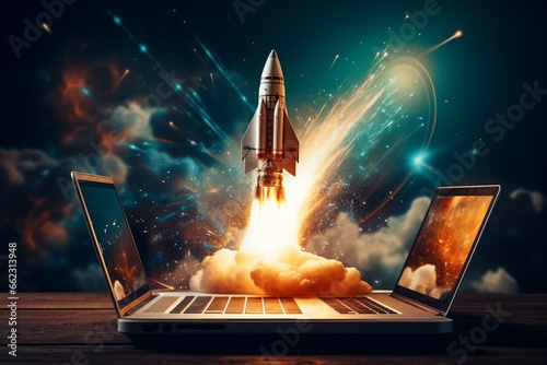 Laptop launching rocket symbolizes success, delivering innovation. Generative AI