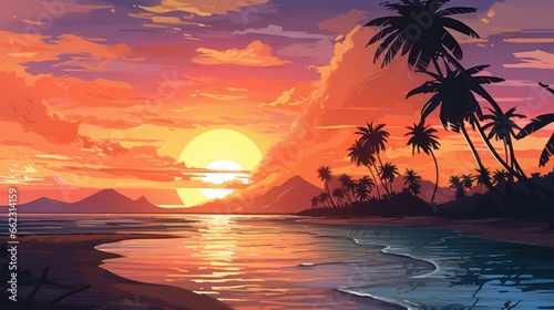 Tropical island at sunset, with golden sands, palm trees, and a vivid, multicolored sky game art