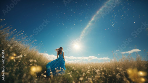 woman in a field. Cheerful day dream, Beautiful day, very blue sky 