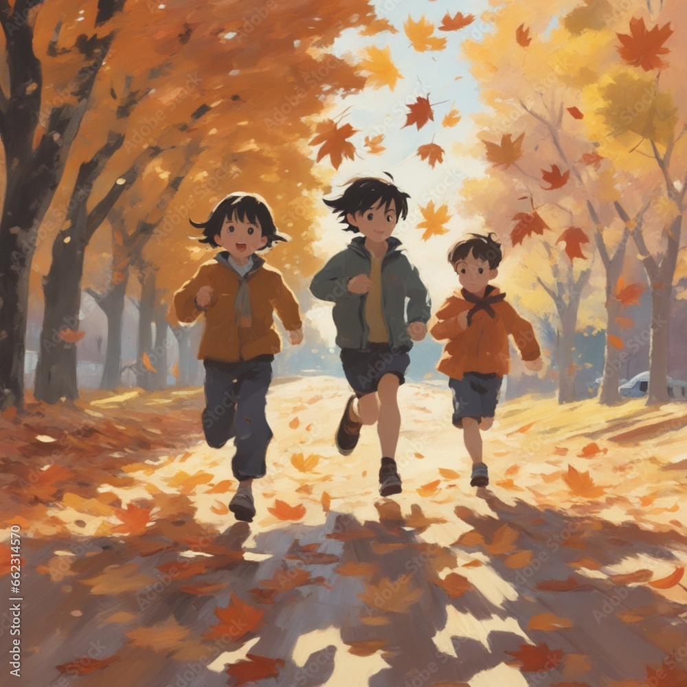Naklejka premium children running around stepping on fallen leaves,Generative AI