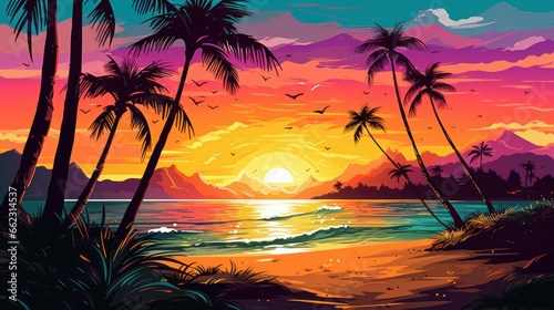 Tropical island at sunset, with golden sands, palm trees, and a vivid, multicolored sky game art © Damian Sobczyk