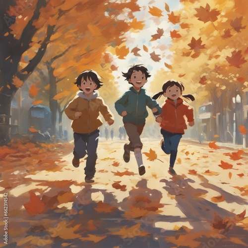 children running around stepping on fallen leaves,Generative AI