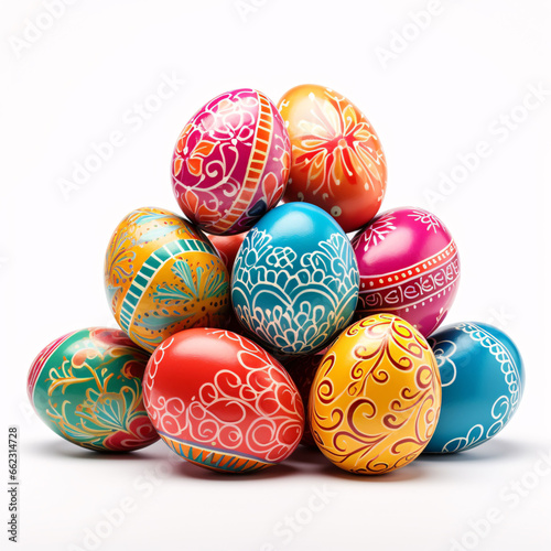 Happy Easter.Colorful hand painted decorated Easter eggs. Handmade Easter craft.Spring decoration background. DIY Festive traditional symbols.Holiday Still life photo selective focus
