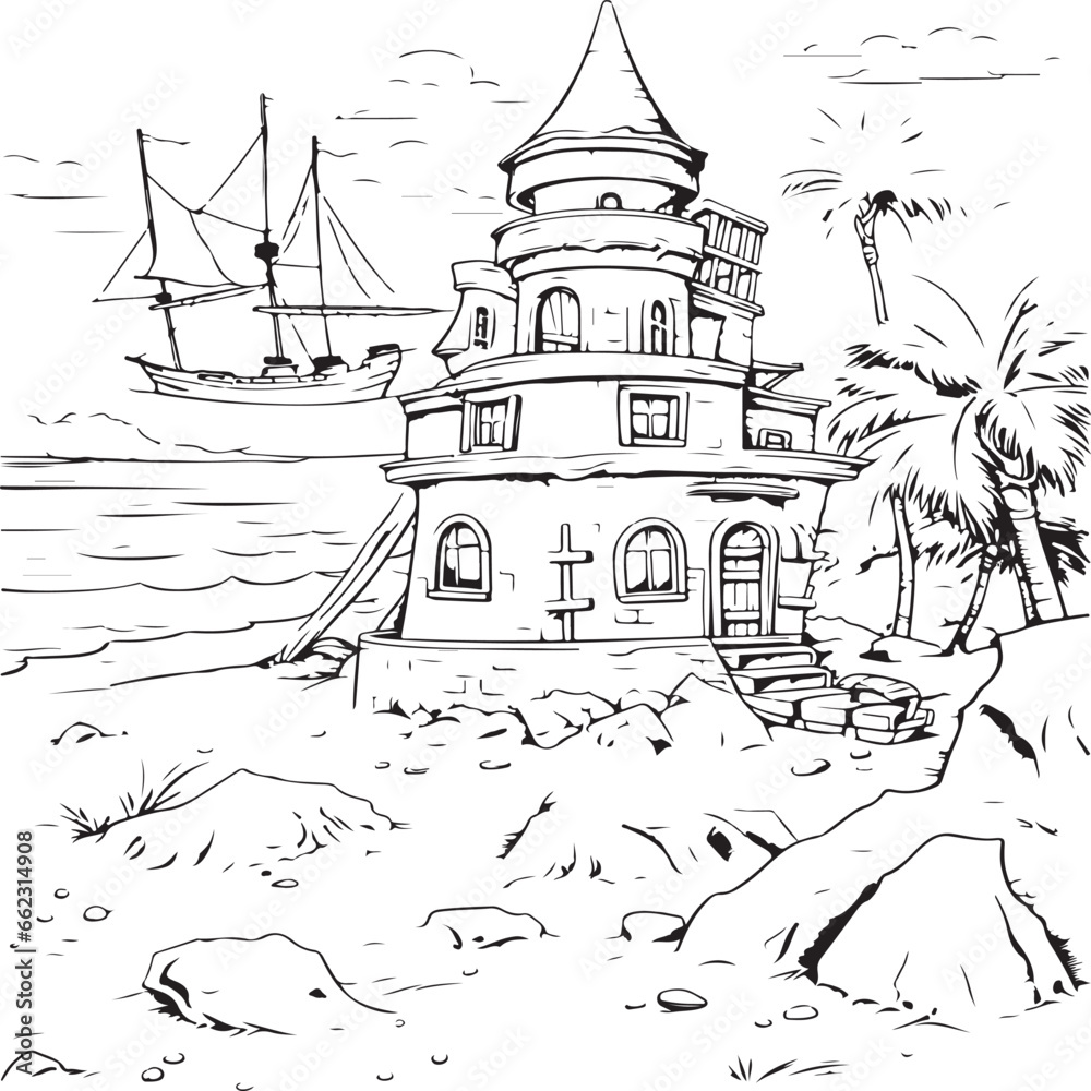 Pirates building sandcastles on a beautiful sandy beach coloring page