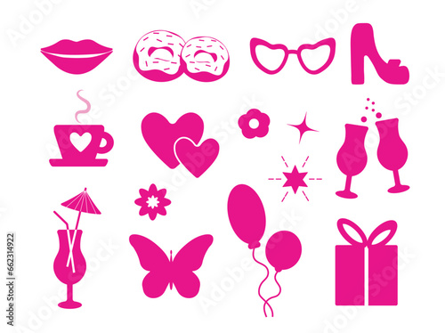 Popular pink collection for girls. a heart, a daisy, a shoe, a butterfly, a star, glass, coffee, lips. logo, sticker, isolated elements on a white background. for print, banner. art vector. barbie © dezignstock