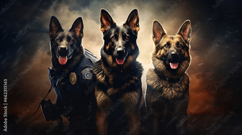 an artistic representation of a K-9 police unit, emphasizing the invaluable role of specially trained dogs in law enforcement and safety efforts - obrazy, fototapety, plakaty 