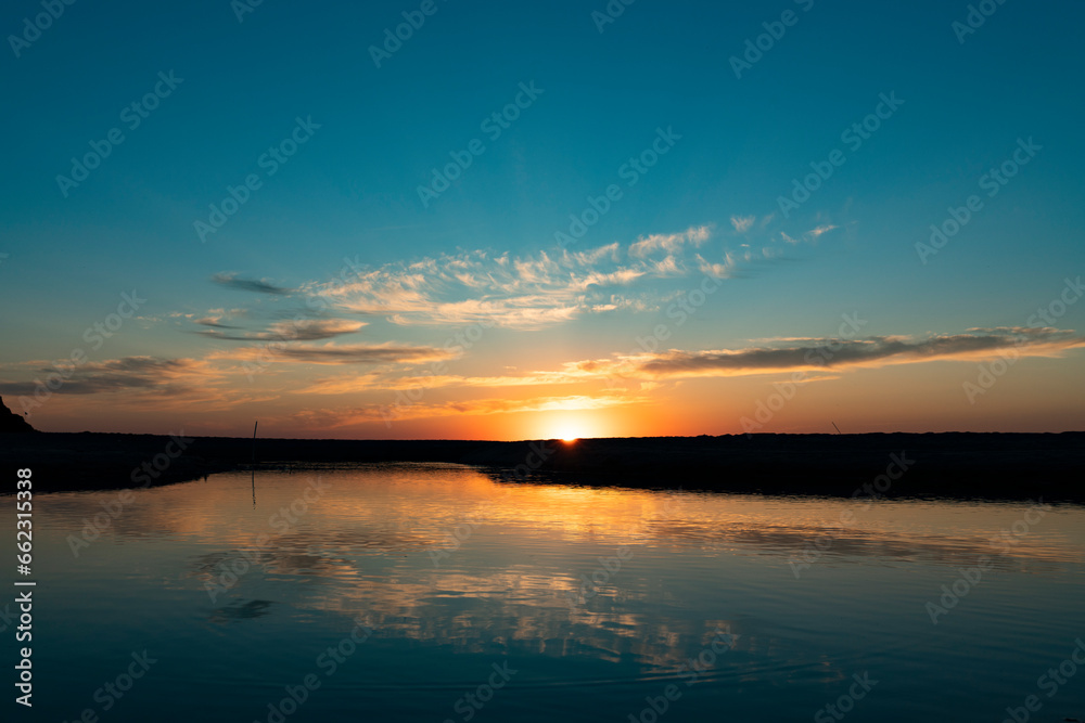 Sunset sea landscape. Colorful ocean beach sunrise. Beautiful beach scenery with calm waves and soft sandy beach. Sunset sea landscape. Colorful ocean beach sunrise. Beautiful beach scenery with calm waves and soft sandy beach.
