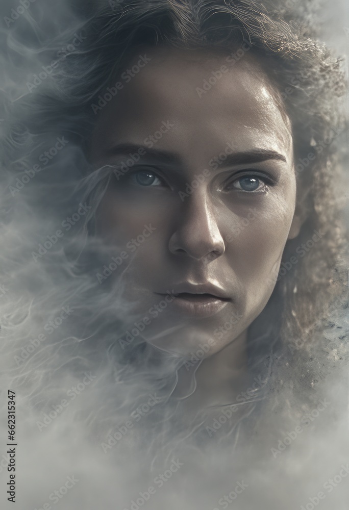 beautiful woman with long curly hair and smoke in the fog beautiful woman with long curly hair and smoke in the fog beautiful brunette woman in white fog. mixed media