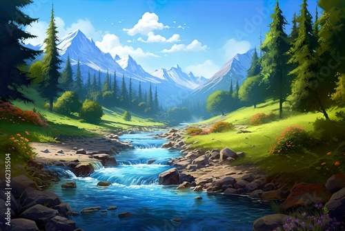 Autumn Landscape with River and Mountains: A Digital Painting