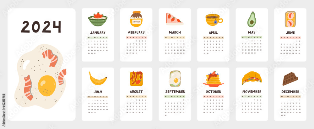 Cute calendar template for 2024 year with creative illustrations of food for breakfast. Calendar grid with weeks starts on Monday for nursery or office. Vertical monthly calender layout for planning - obrazy, fototapety, plakaty 